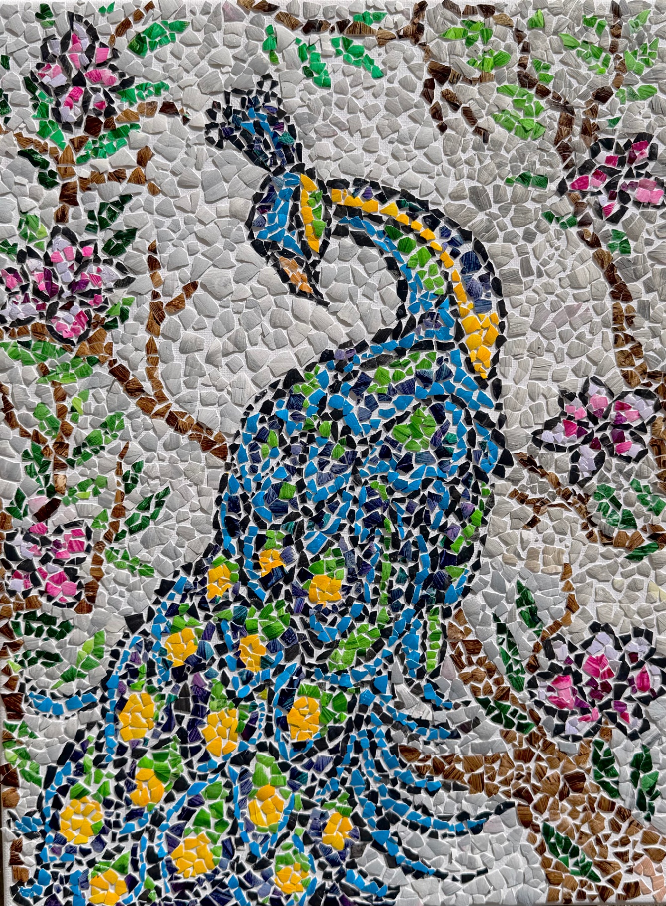 Eggshell mosaic of a blue and green peacock perched among branches of pink blossoms on a pale ground