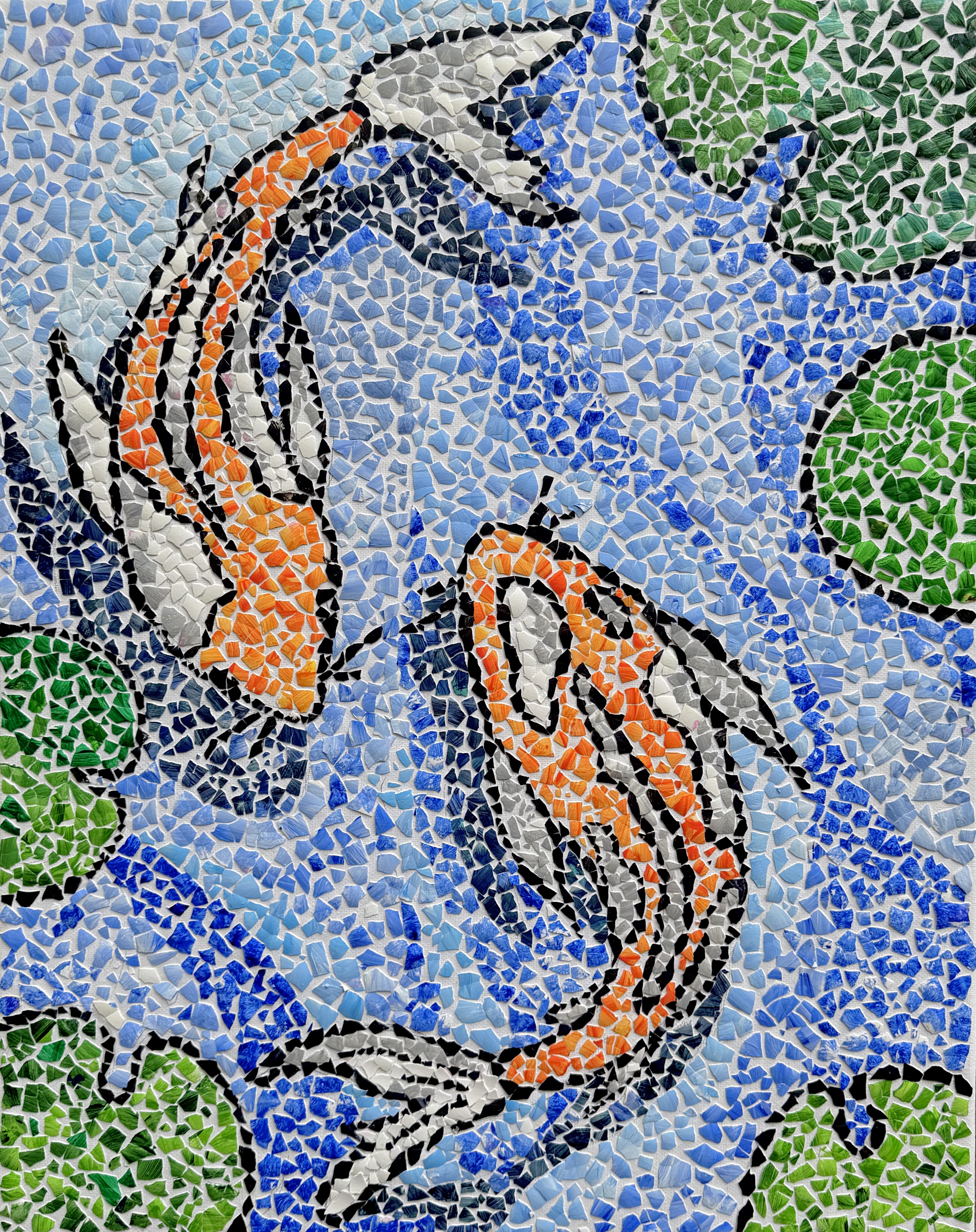 Eggshell mosaic of two orange and white koi fish swimming through blue water with green lily pads