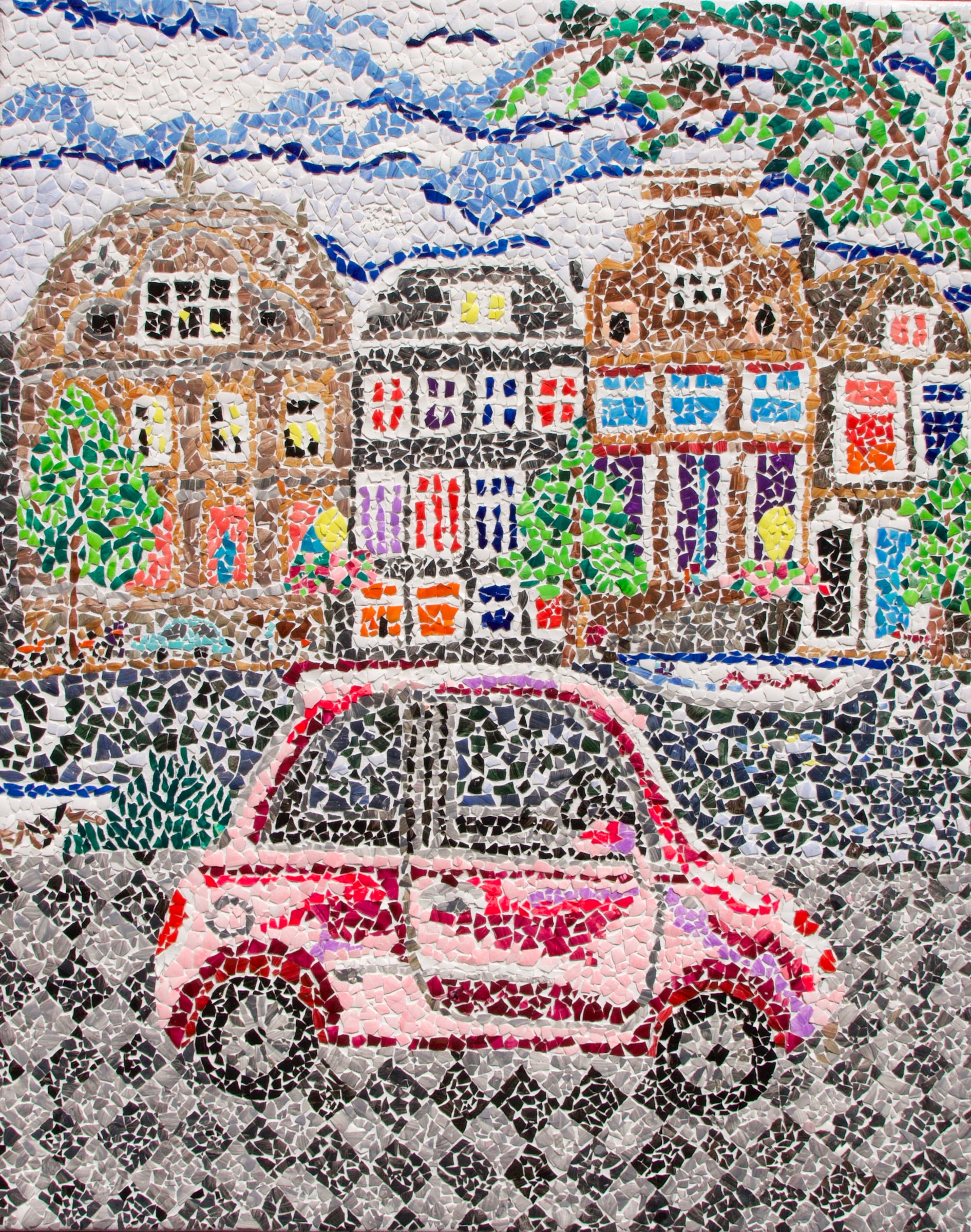 Eggshell mosaic of a vintage pink car parked on a cobblestone street lined with Dutch-style houses