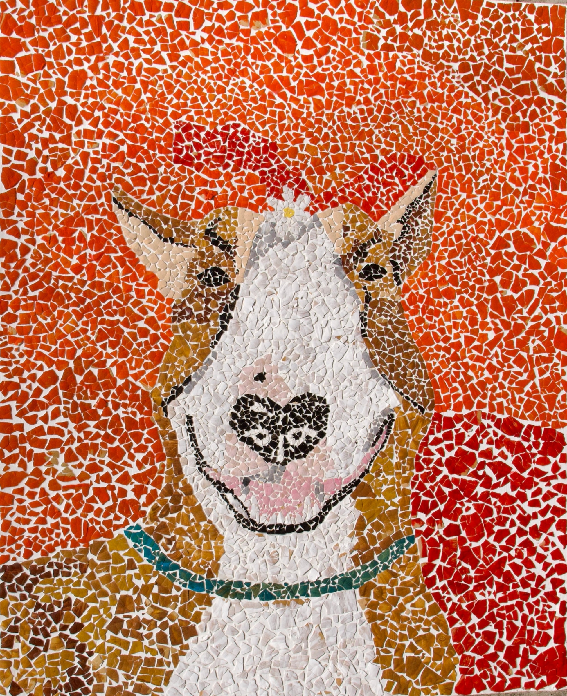 Close-up eggshell mosaic portrait of a bull terrier in warm orange and red tones
