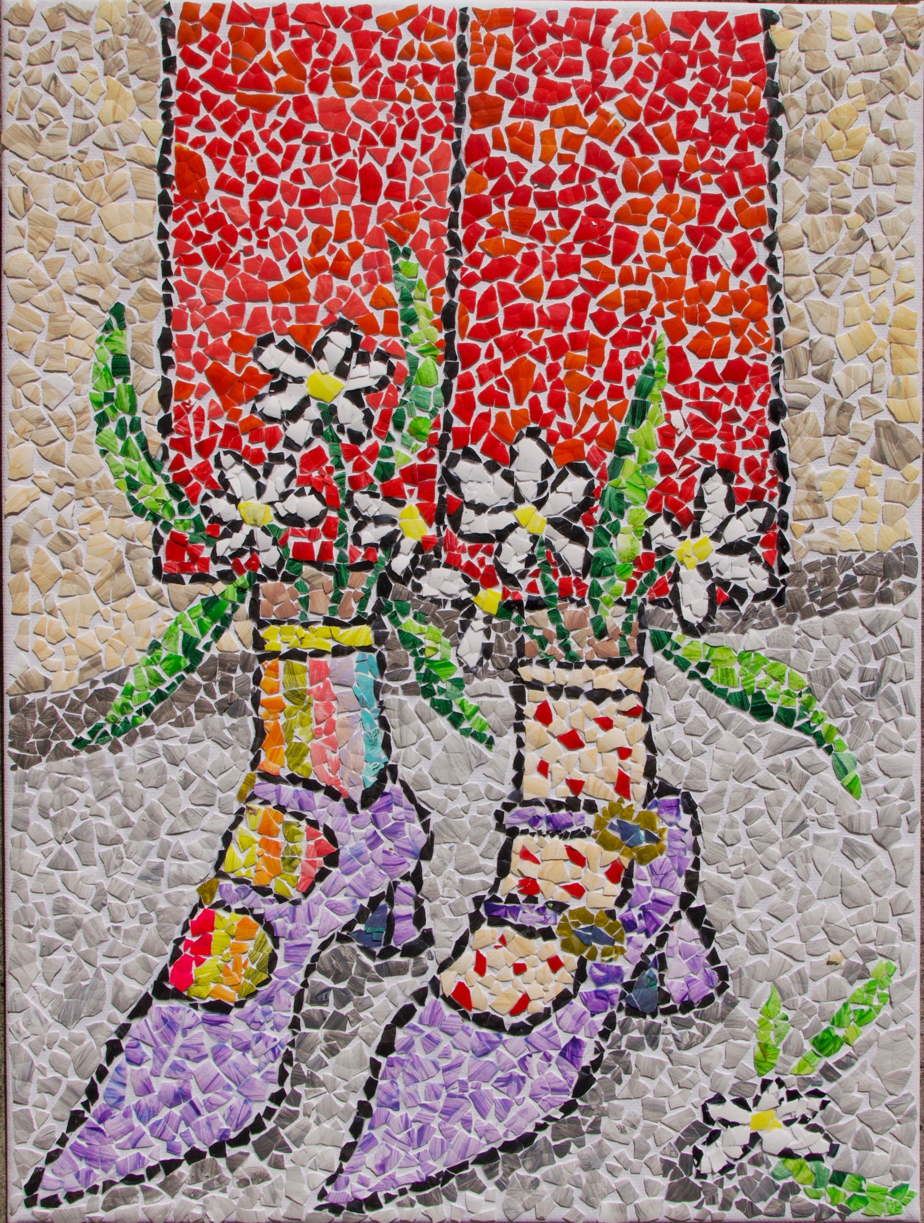 Eggshell mosaic of crossed legs in purple heeled shoes and red floral trousers among white flowers