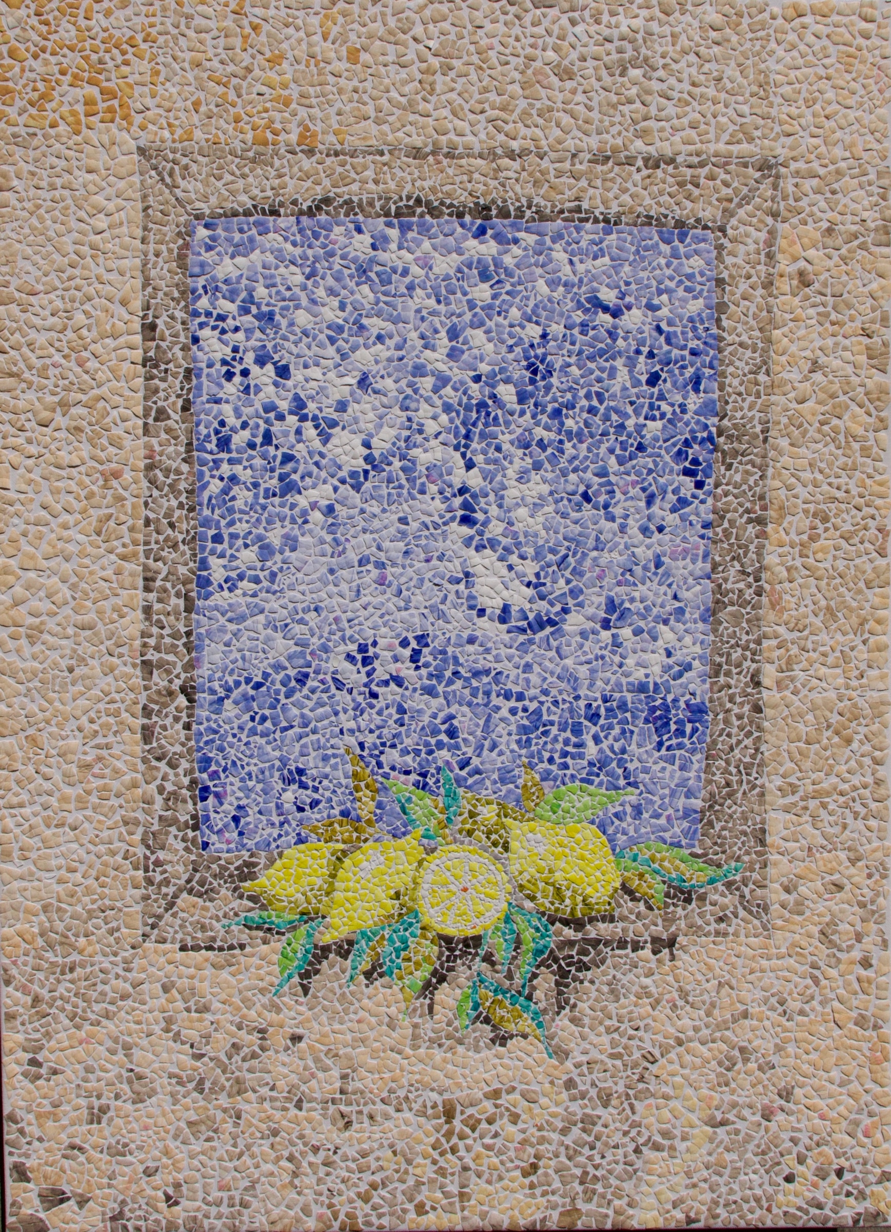 Eggshell mosaic of yellow lemons and green foliage framed in an open window with blue sky