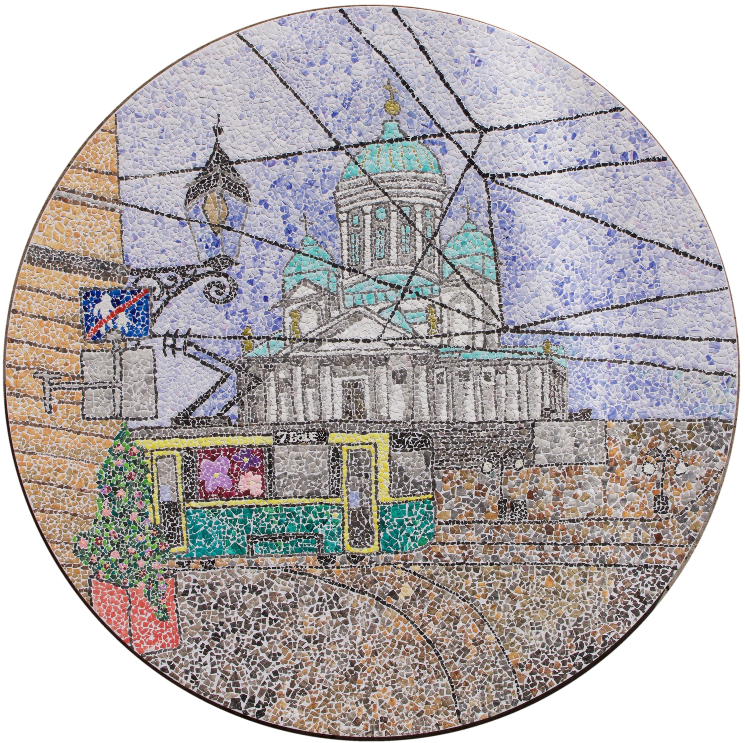 Circular eggshell mosaic of Helsinki Cathedral and a green tram crossing the square, by Irene Dikur