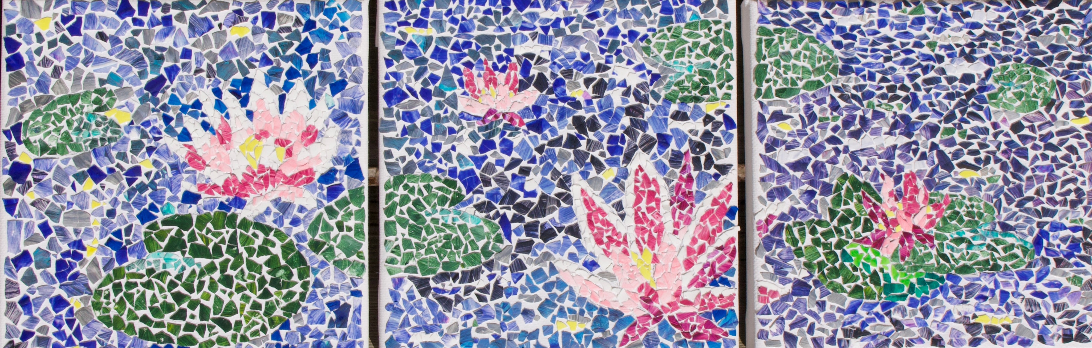 Triptych eggshell mosaic of pink water lilies and lily pads floating on a deep blue pond