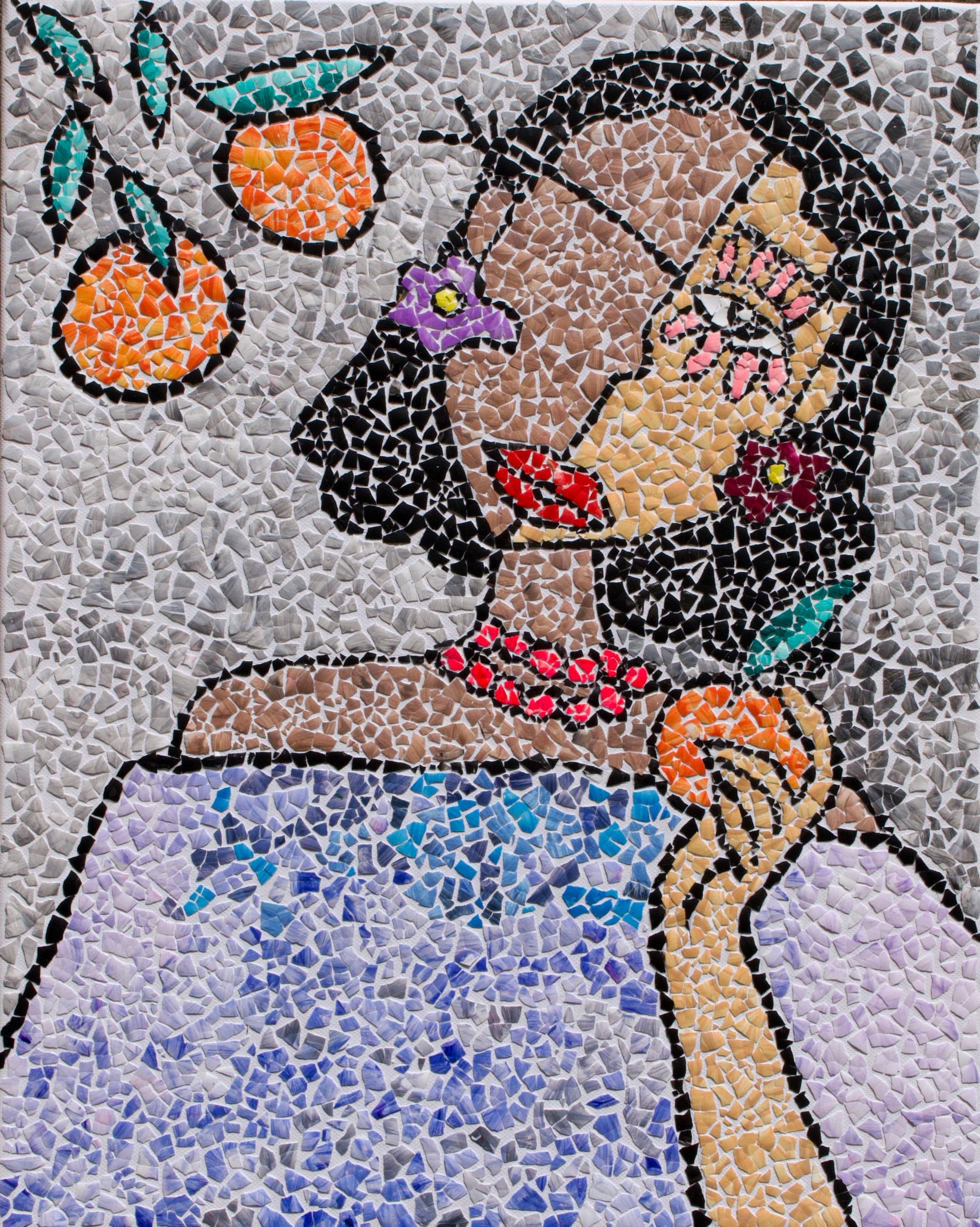 Eggshell mosaic profile portrait of a woman holding a mandarin beneath a branch of oranges
